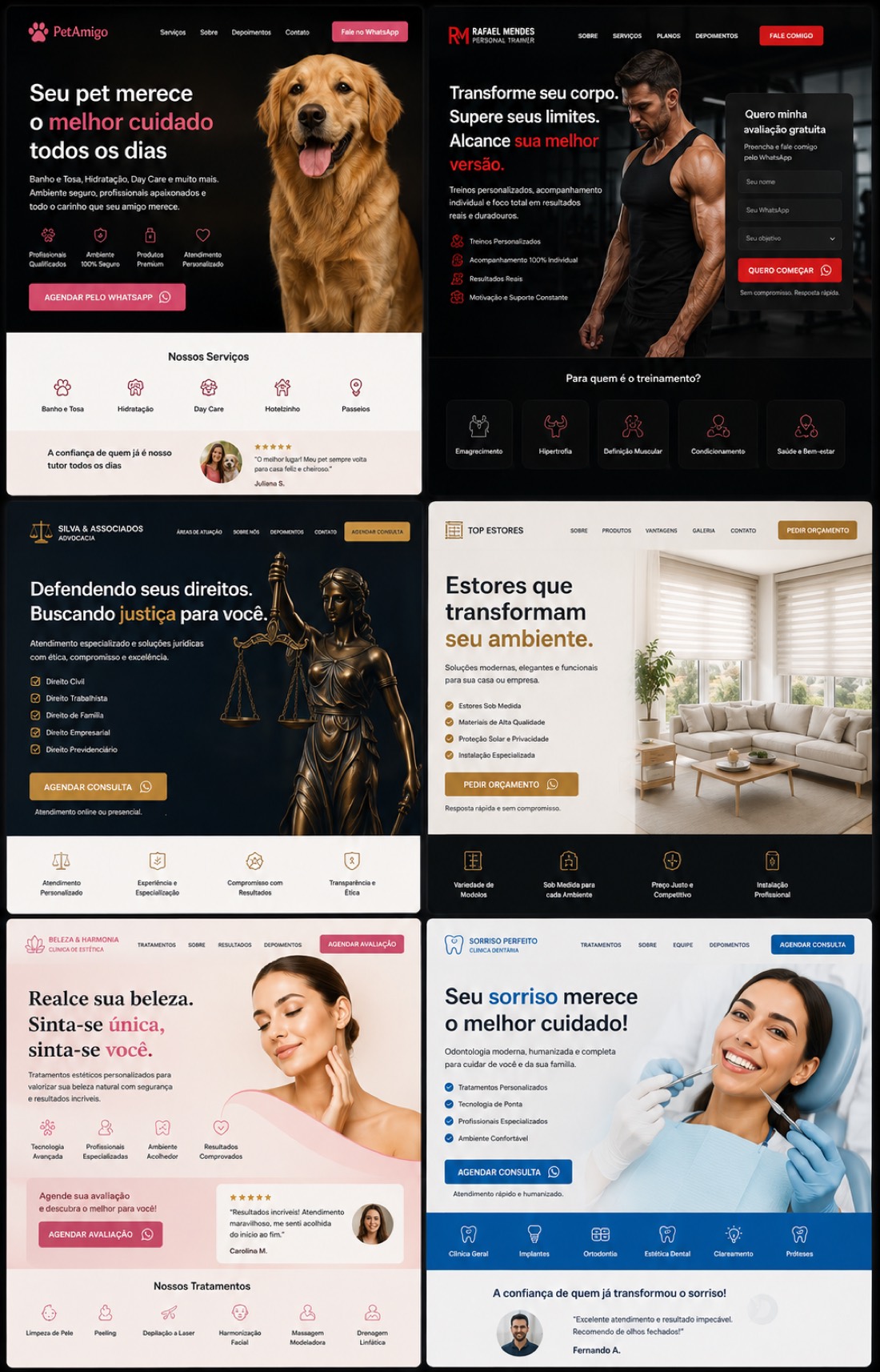 Modelos de página: pet shop, personal trainer, advocacia, estores, clínica de estética e clínica dentária