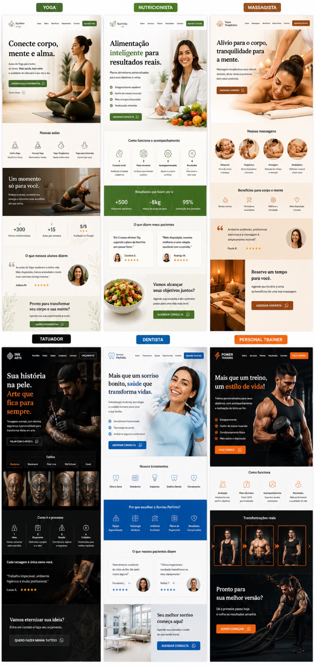 Modelos de página: yoga, nutricionista, massagista, tatuador, dentista e personal trainer