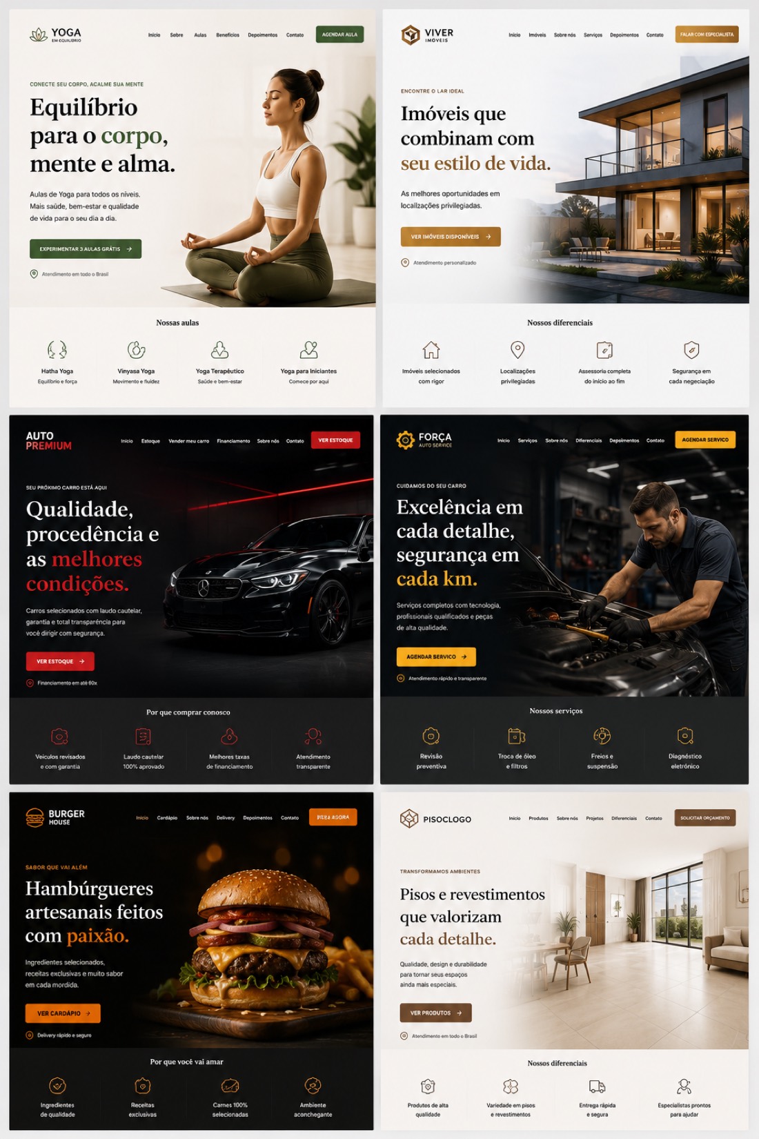 Modelos de página: yoga, imobiliária, automóvel, oficina auto, restaurante e pisos